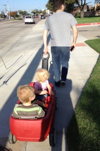 Walking to school in our wagon