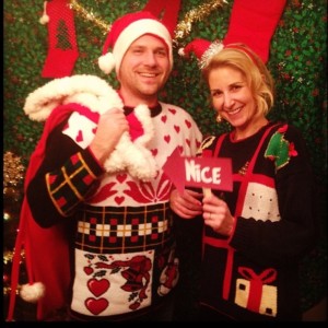 tacky Christmas sweater, supper club, photo backdrop, Christmas supper club