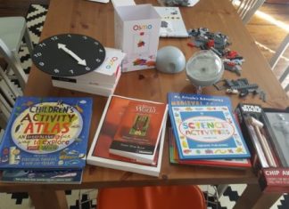 table of school stuff, how to choose a homeschool curriculum