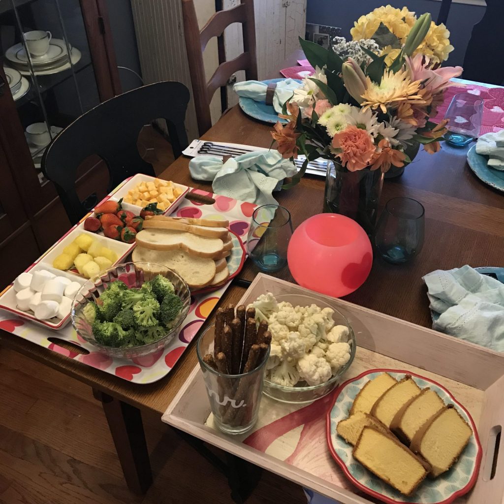 family fondue spread for valentine's day with kids