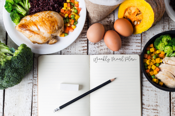 Tabletop with plates of food, including chicken and vegetables; also a notepad and pencil with "weekly meal plan" written on it