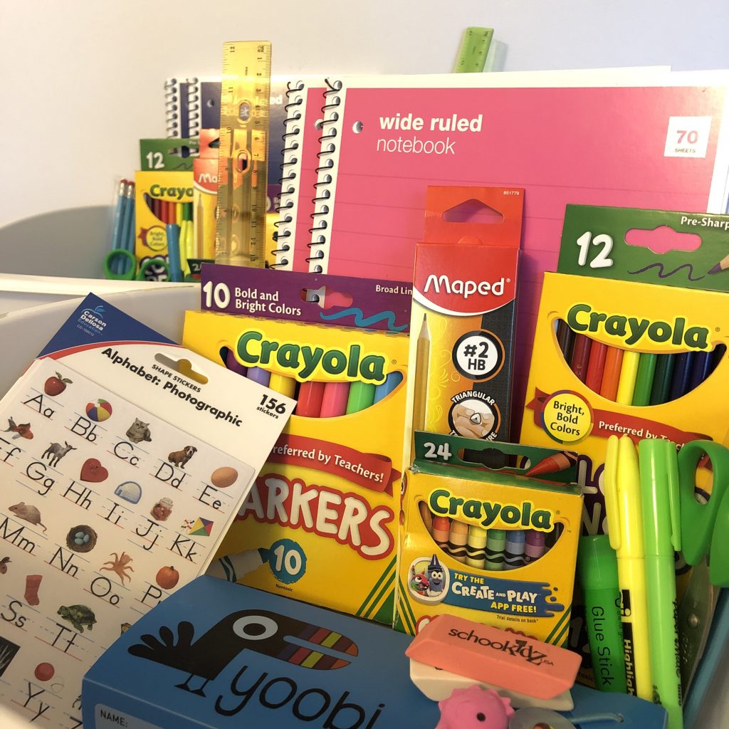 school supplies in a box