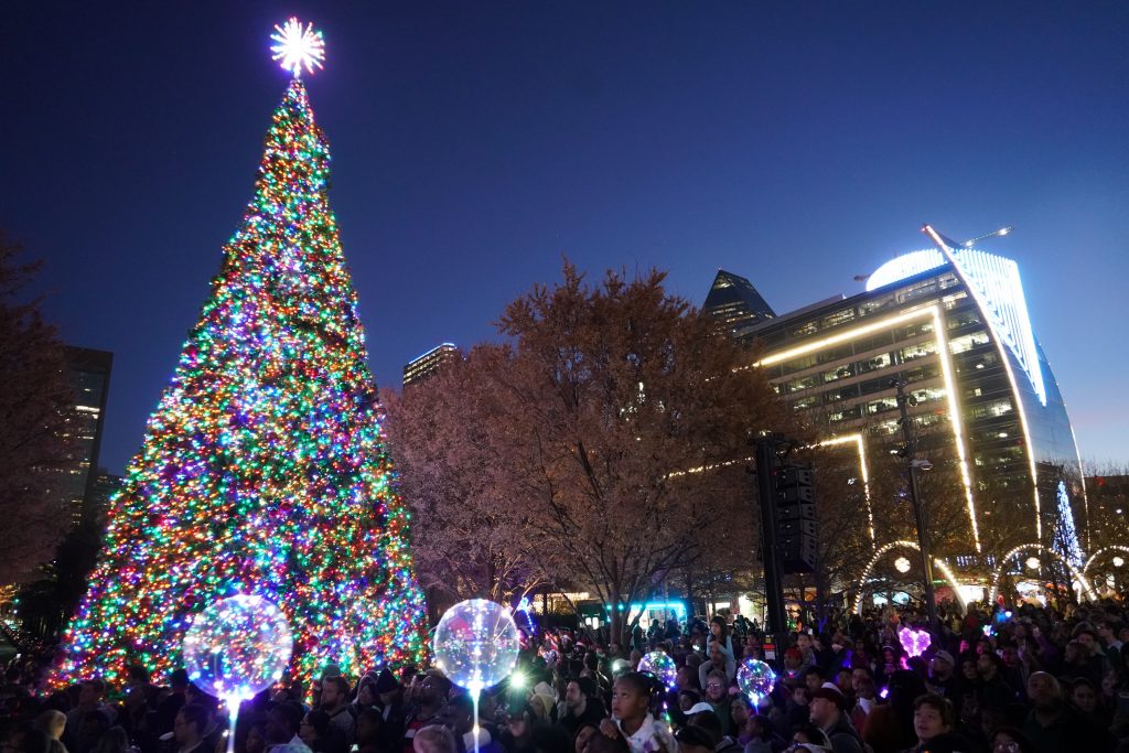 outdoor brightly lit Christmas tree in downtown dallas