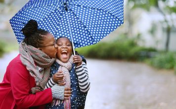 woman kissing her daughter under an umbrella in the rain, good Dallas weather apps