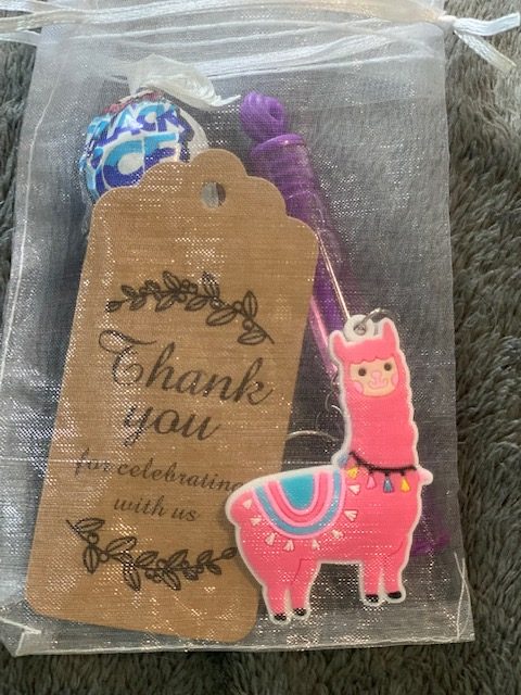 Llama birthday party keychain and thank you card