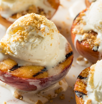 best grilled dessert, grilled peaches with vanilla ice cream