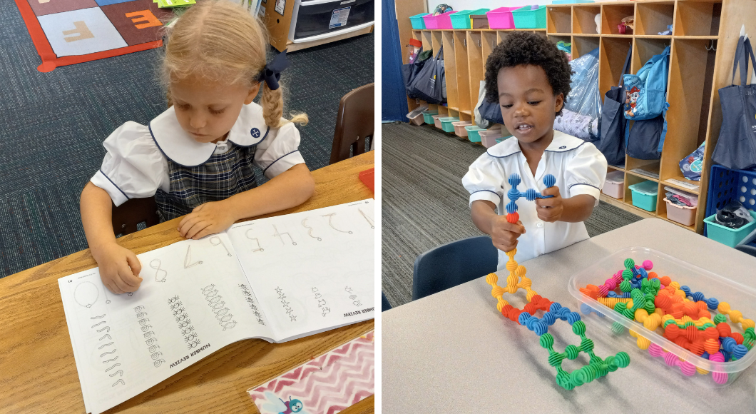 side-by-side images of young students working at tables at Our Redeemer Lutheran School, a Christian private school in Dallas