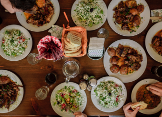 A table filled with holiday dishes.