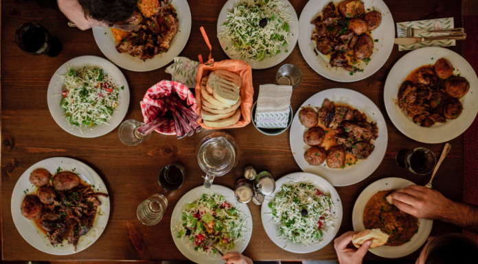 A table filled with holiday dishes.