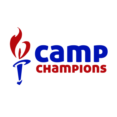 Camp Champions logo, featuring a blue torch with a red flame
