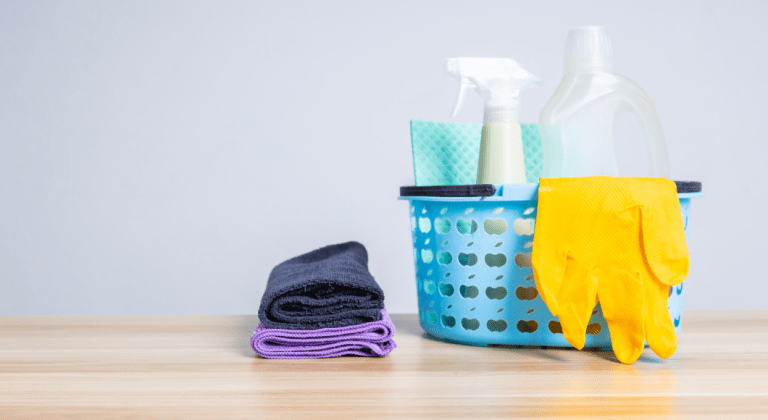 Cleaning supplies such as rubber gloves, multipurpose solution, and towels.