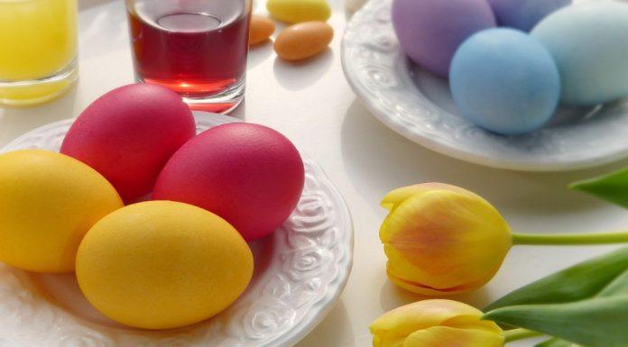 dyed easter eggs and tulips on table