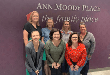 Seven women from the Dallas Moms team visting the Ann Moody room at The Family Place