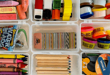 9 plastic bins holding a range of small, colorful toys