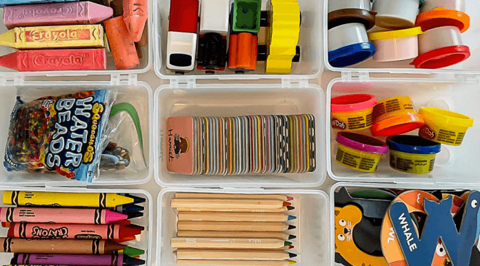 9 plastic bins holding a range of small, colorful toys