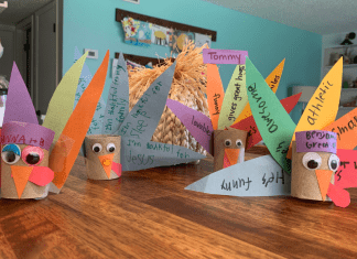 Handmade turkey place cards for Thanksgiving.