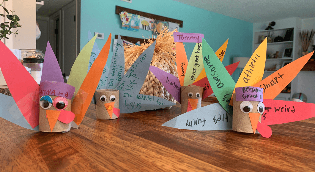 Handmade turkey place cards for Thanksgiving.
