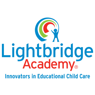 Lightbridge Academy logo, Innovators in Educational Child Care, featuring clipart of a child creating a rainbow with the swipe of an arm