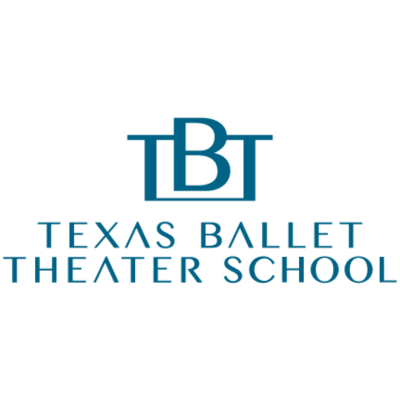 Dark teal font in all caps reading "Texas Ballet Theater School" in minimalistic font with logo at top
