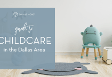 Toys in a playroom with text "Guide to childcare in the Dallas area."