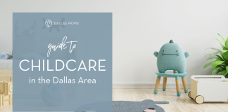 Toys in a playroom with text "Guide to childcare in the Dallas area."